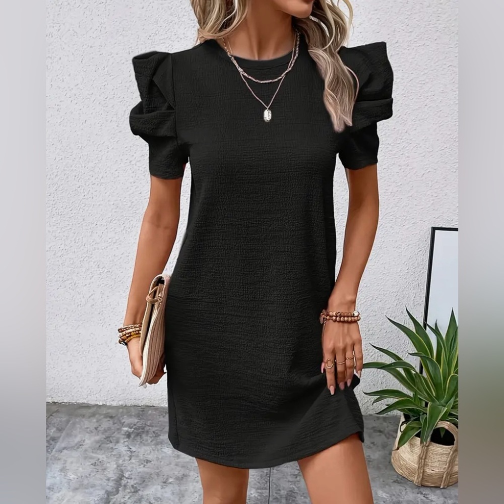 Solid Crew Neck Simple Dress, Elegant Puff Sleeve Dress